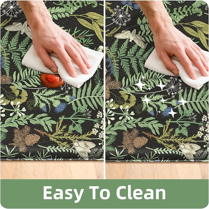 Black Green Botanical Kitchen Rugs Set of 2 Plant Leaf Anti-Fatigue Kitchen Mat - Image 6