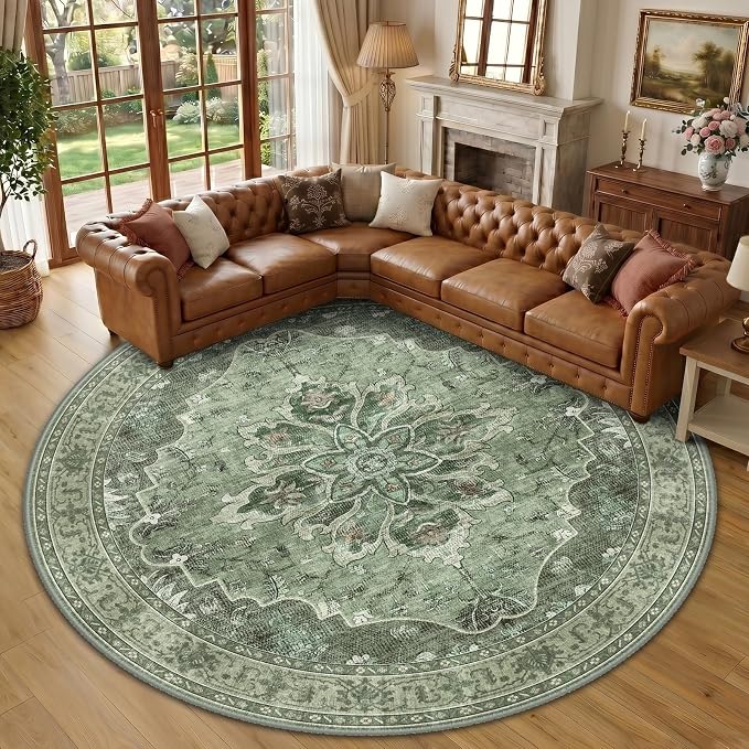 RELEANY Area Rugs Round 10ft Washable Non-Slip, Floral Vintage Distress by RELEANY