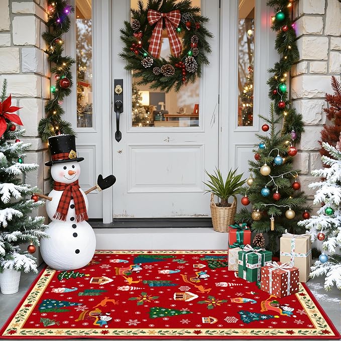 Christmas Rug 2x3 Small Washable Red Kitchen Rugs Non-Slip Indoor Entry Carpet - Image 2