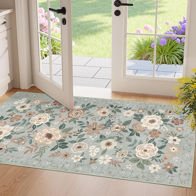 DUKINO 2x4 Rug for Entryway, Washable Kitchen Floral Runner Rug by DUKINO