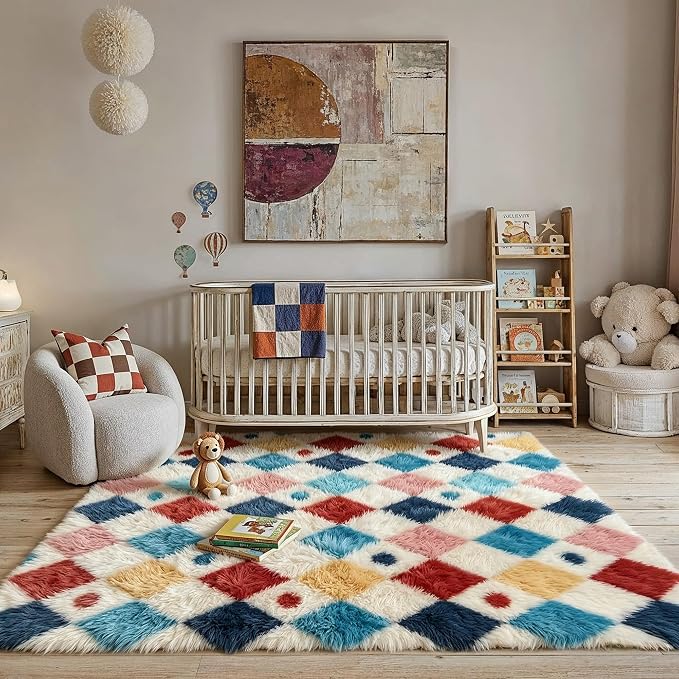 PureCozy Checkered Rug 4x6 Fluffy Shag Living Room Colorful Area Rug Modern - Image 2