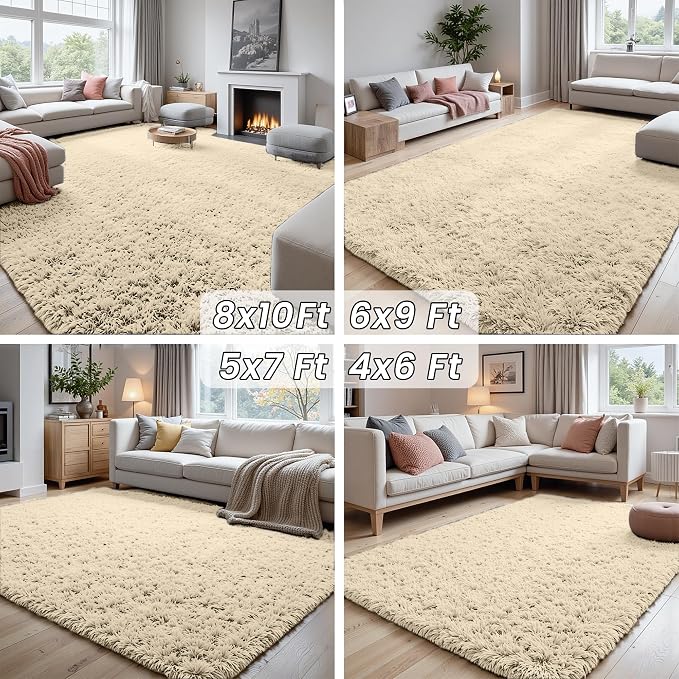 5x8 Area Rugs for Living Room: Soft Fluffy Shag Beige Rugs for Bedroom - Image 7