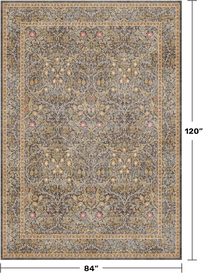 Vintage Gold Brown Living Room Rug, 7x10 Washable Area Rugs - Image 2