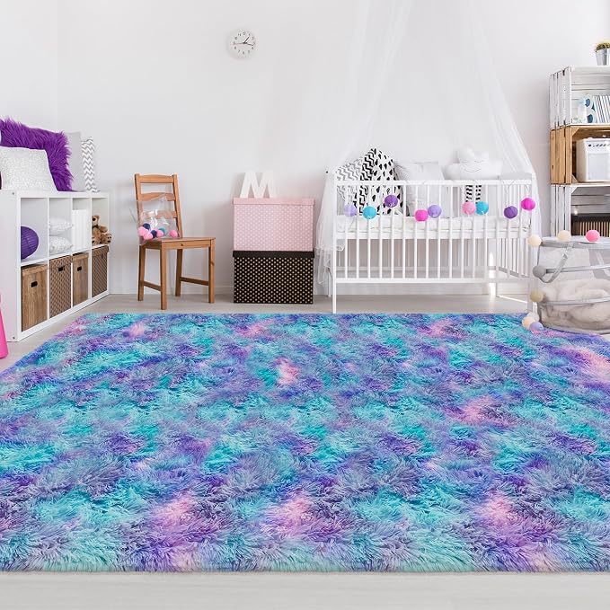 Soft Fluffy Purple Rainbow Rug for Bedroom Kids 6x9 Mermaid Stitch Rugs for - Image 7