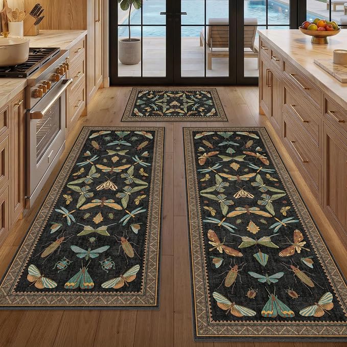 JTJ Insect Botanical Kitchen Rug Set 3 Piece, Vintage Whimsical Runner Rugs by JTJ