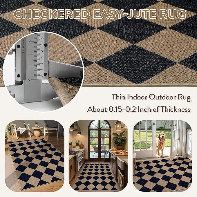 Lahome Colette Checkered Easy Jute Entry Rug, 3x5 Black Outdoor Patio Rug - Image 4