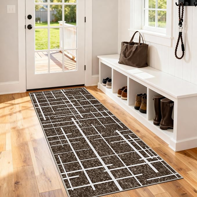 Brown 2x6 Runner Rug Non Slip, Modern Distressed Stripe Carpet Runners - Image 2