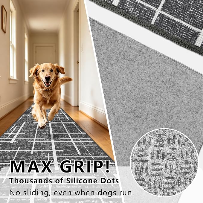 Non Slip Hallway Runner Rug 2.6x12, Modern Distressed Stripe, Washable Extra - Image 3