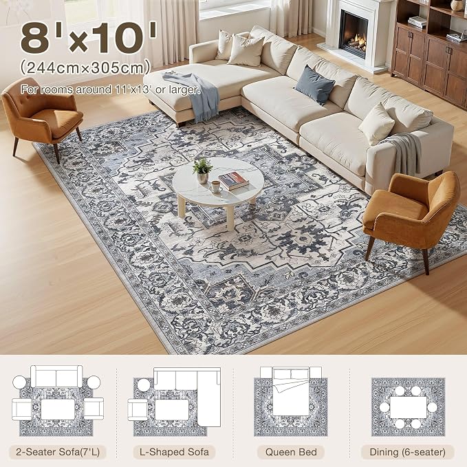 8x10 Area Rugs Living Room: Washable Vintage Rug Large Non-Slip Stain Resistant - Image 6