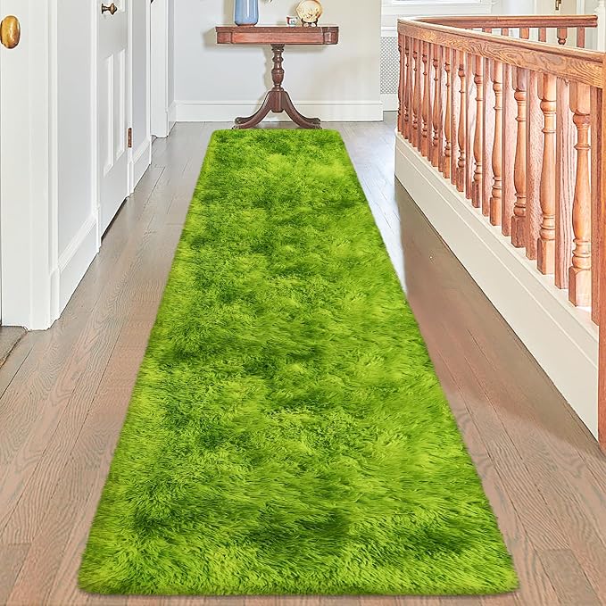Grass Green Tie Dyed Rug 2x8 ft Plush High Pile Shag Carpet Fluffy Soft Runner by TENNOLA
