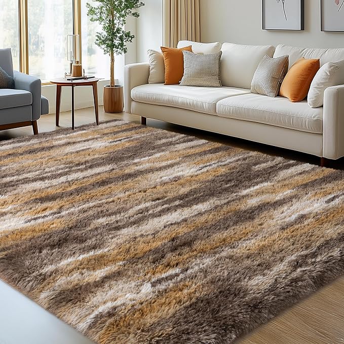 Fluffy Rugs for Bedroom Living Room, 4x6 Feet Abstract Brown Shag Area Rugs - Image 4