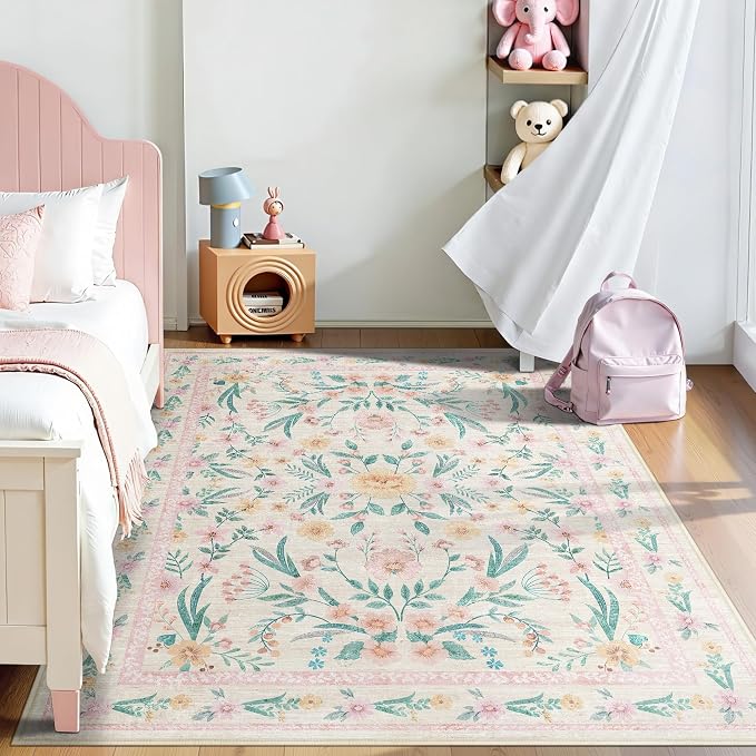 5x7 Pink Floral Nursery Rug, Machine Washable Non Slip Soft Faux Wool Carpet - Image 9
