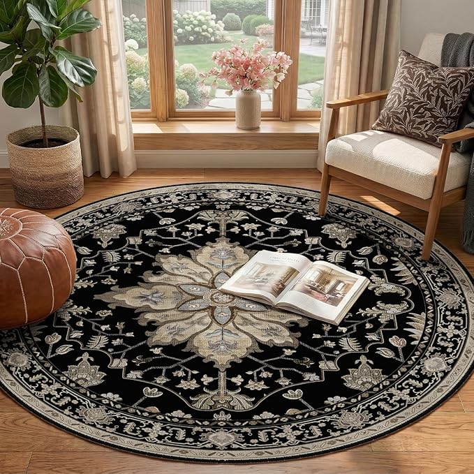 RELEANY Area Rugs Round 4ft Washable Non-Slip, Floral Vintage Distress - Image 2