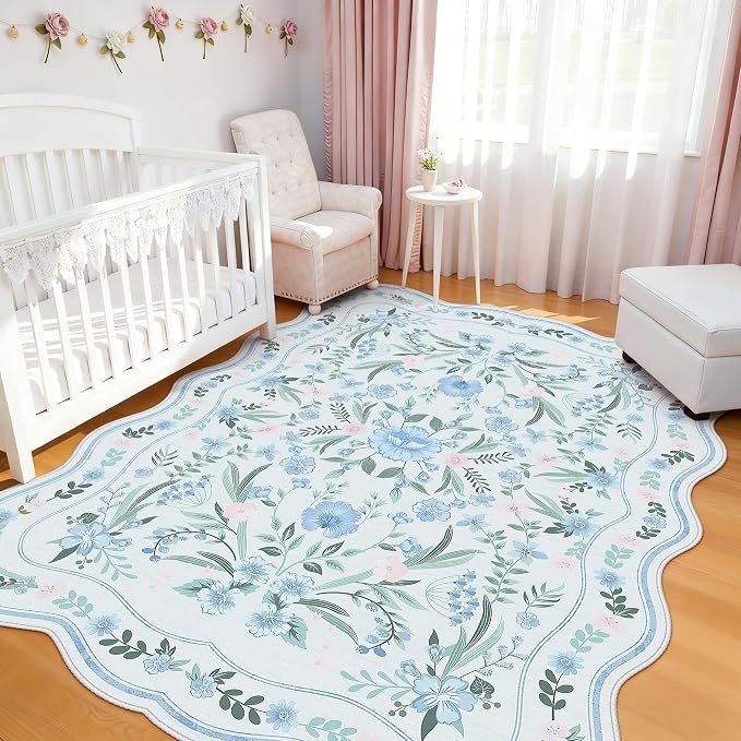 Scalloped Blue Floral Rug 6x9, Washable Soft Faux Wool Area Rug by Dadasgk