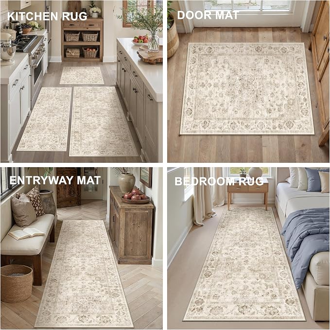 Neutral Kitchen Rug Set of 3 Washable Beige Vintage Kitchen Mats - Image 7