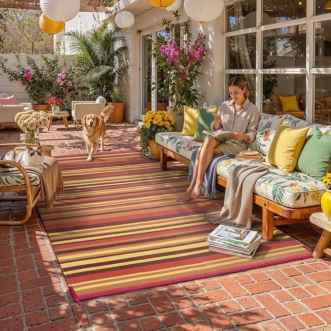 Outdoor Plastic Straw Rug Waterproof Patio 9x12 Red Orange Stripe Mat - Image 2