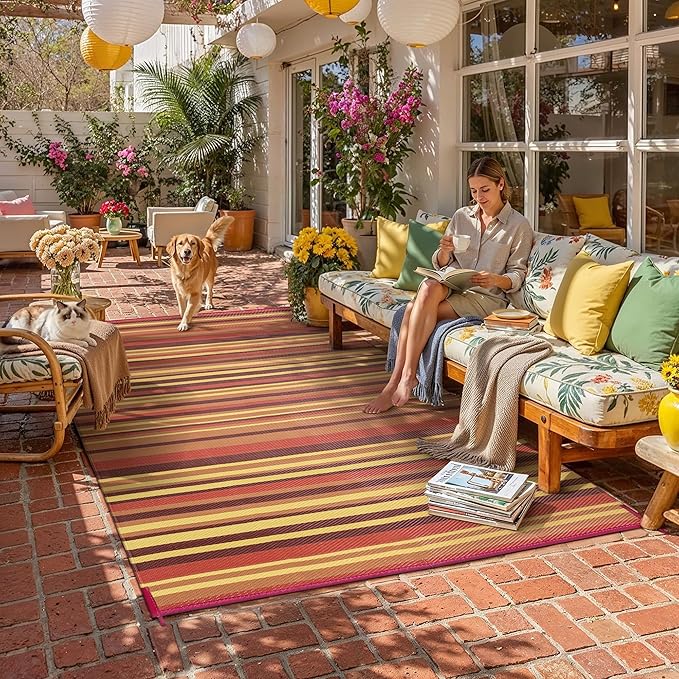 Outdoor Plastic Straw Rug Waterproof Patio 8x10 Red Orange Stripe Mat - Image 3
