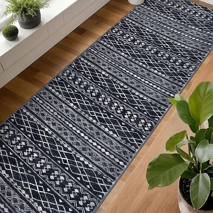 KUTA Long Hallway Runner Rug 2.6x18 Non-Slip Washable, Moroccan Vintage Black - Image 3