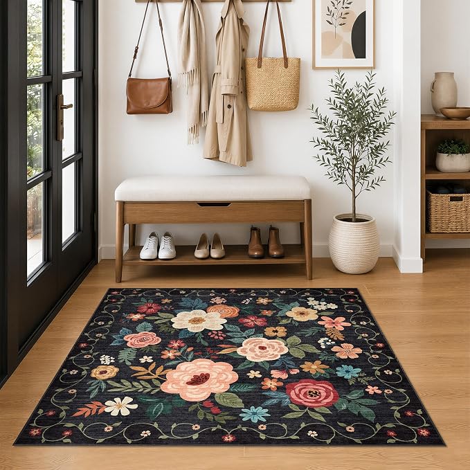 DUKINO 4x4 Square Area Rug, Floral Indoor Floor Washable Entryway Rug - Image 3
