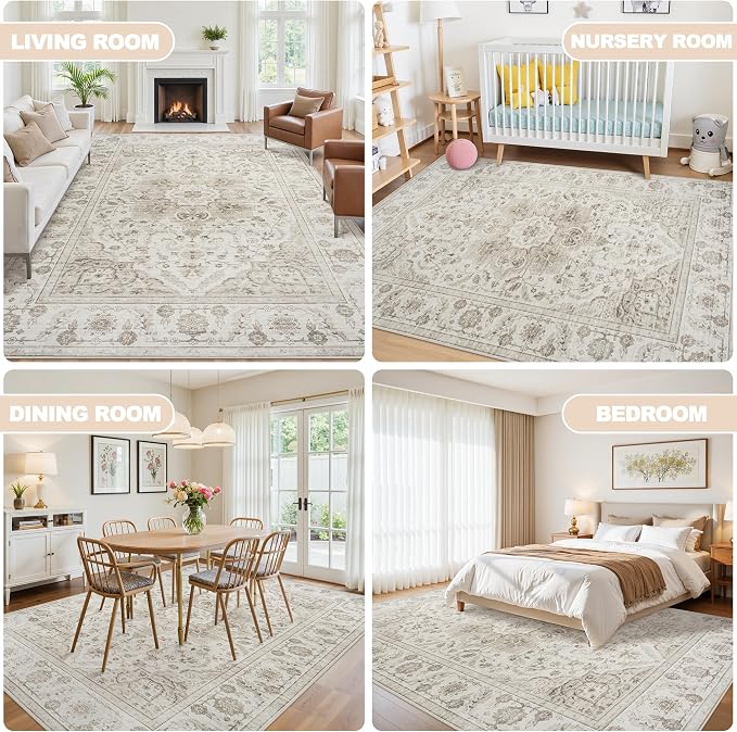9x12 Area Rugs for Living Room:Beige Washable Vintage Medallion Carpet Non-Slip - Image 6