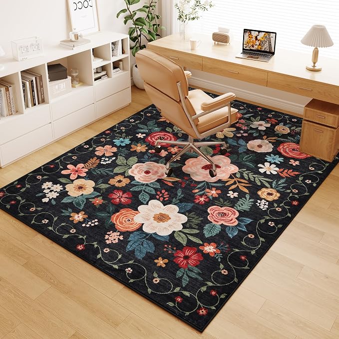 DUKINO 4x6 Feet Office Chair Mat, Lightweight Non Slip Washable Floral Area Rug by DUKINO