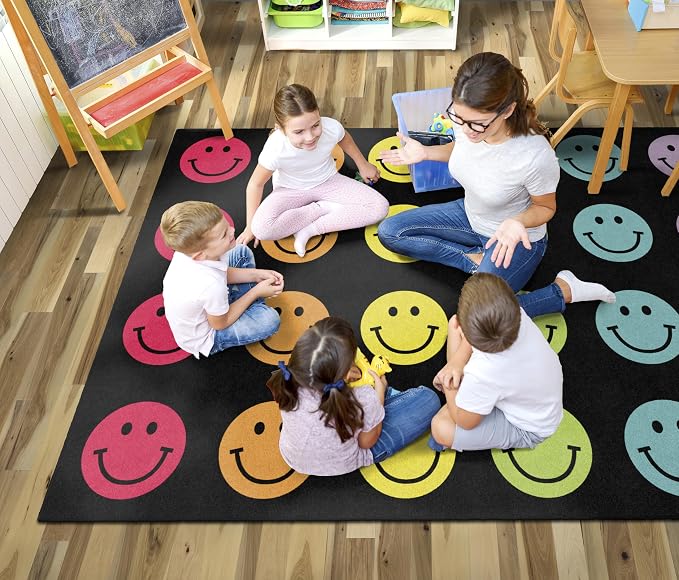 Flagship Carpets Rainbow Smileys in Black Criss-Cross Applesauce Educational - Image 2