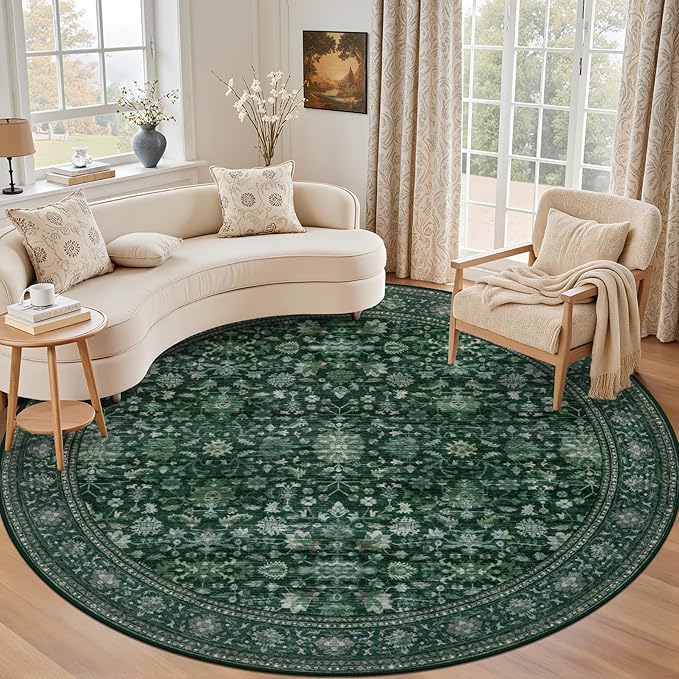 Round Area Rug for Living Room: 8 ft Washable Vintage Boho Soft Thin Circle Rug by EXPEDIX