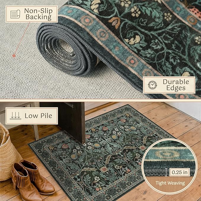 Floral 4x6 Boho Rugs for Living Room, Dark Green Washable Kitchen Floor Mats - Image 5