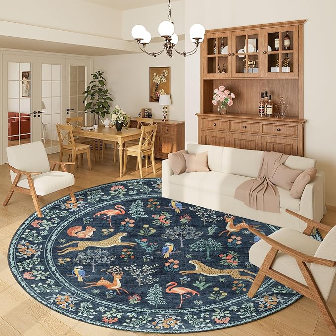 DUKINO 6ft Round Rug for Bedroom, Animal Print Washable Circle Rug by DUKINO