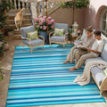 Outdoor Plastic Straw Rug Waterproof Patio 10x14 Blue Teal Stripe Mat by WondRg