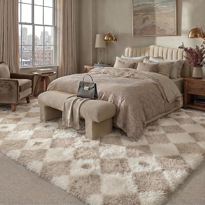 PureCozy Checkered Rug 6x9 Fluffy Shag Living Room Beige Area Rug Modern - Image 3