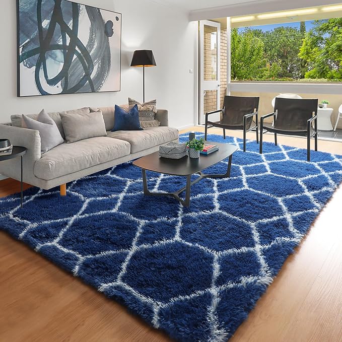 ONASAR Large 6x9 Area Rugs for Living Room, Fluffy Geometric Navy and White Rug - Image 8