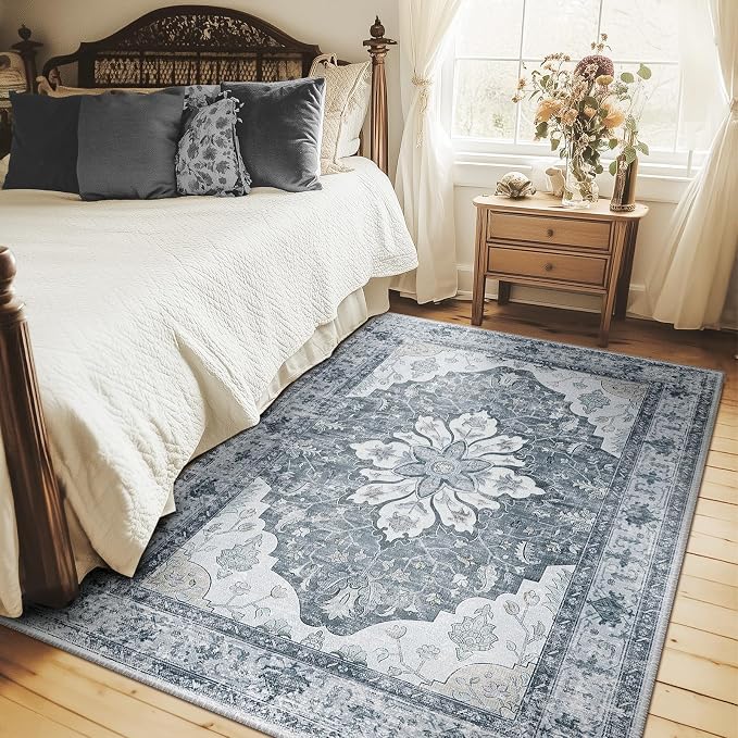 RELEANY Area Rugs 4'x5' Washable Non-Slip, Floral Vintage Distress Medallion - Image 2