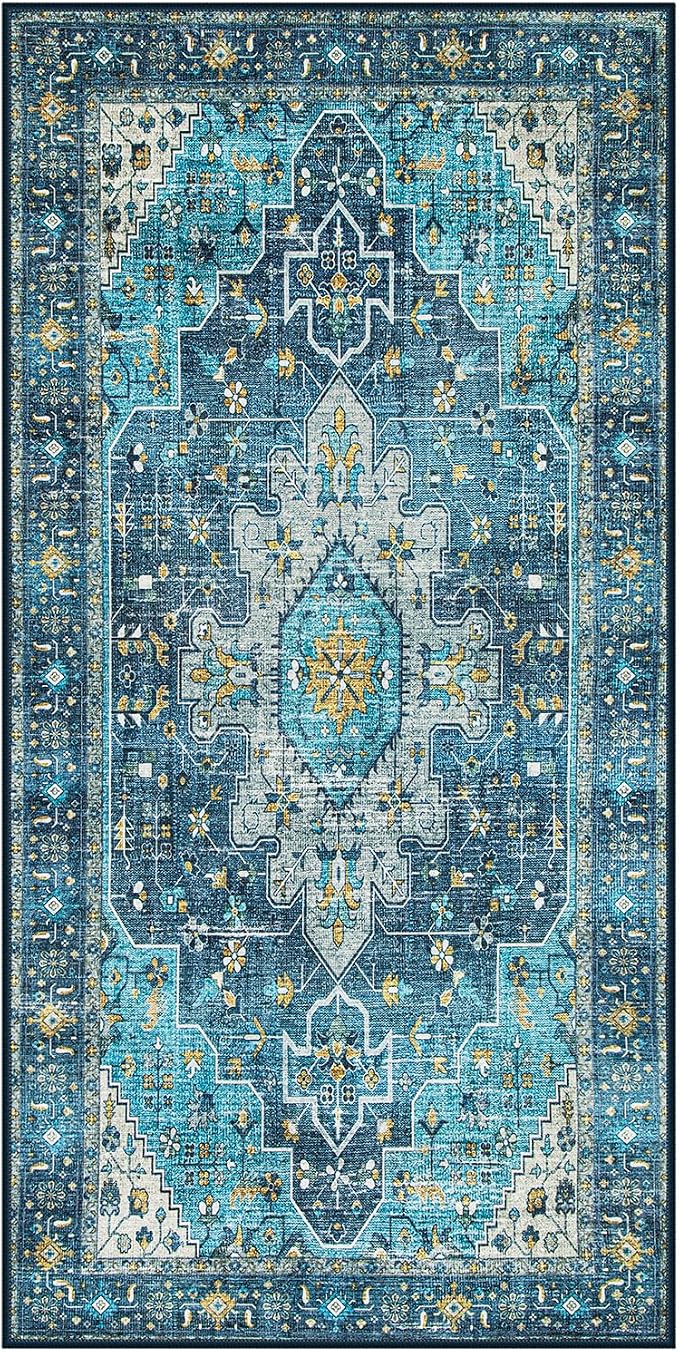 Moynesa 2x4 Teal Vintage Floral Medallion Runner Rug - Image 7