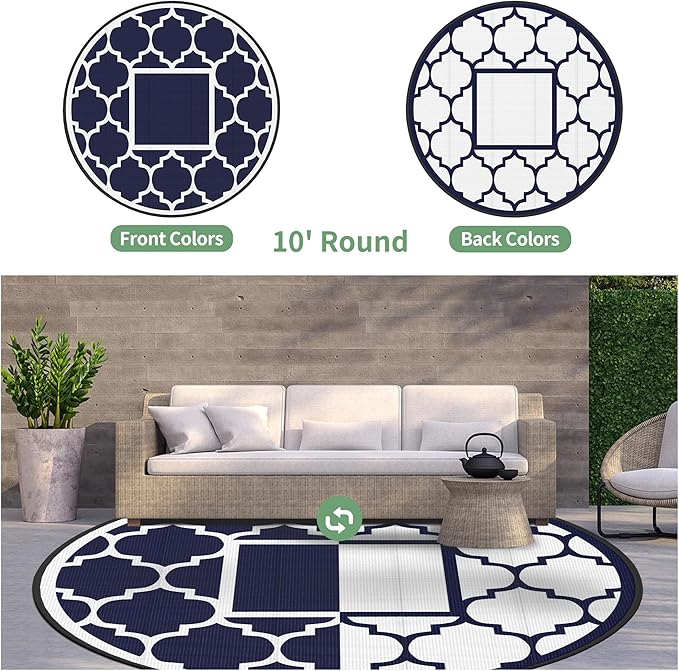 GENIMO 10 ' Round Outdoor Rug for Patio, Waterproof Indoor Outdoor Plastic - Image 5