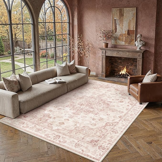8x10 Washable Neutral Area Rug Pink Vintage Living Room Bedroom Carpet Non-Slip - Image 3
