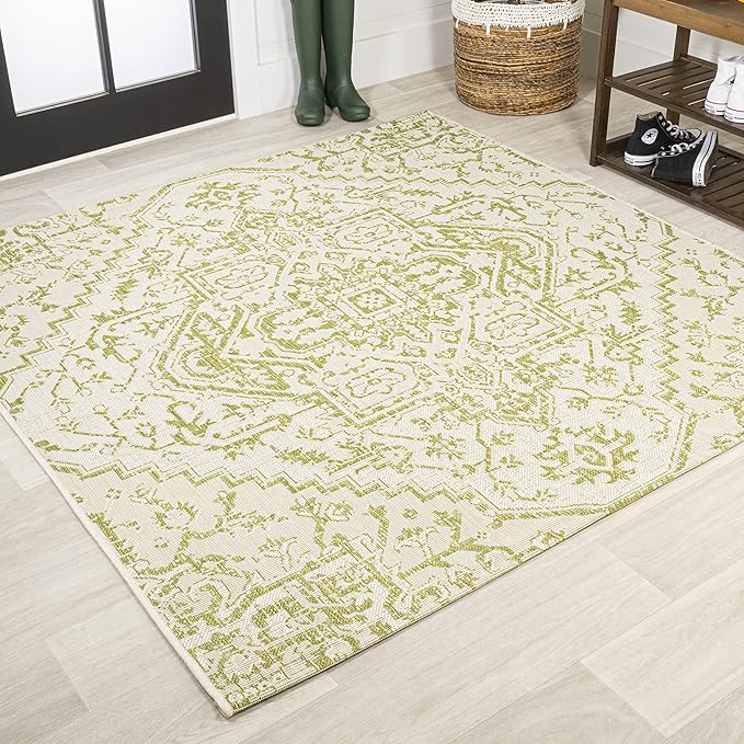JONATHAN Y Boho Medallion Indoor Outdoor Square Area Rug 5X5 Cream/Green by JONATHANY