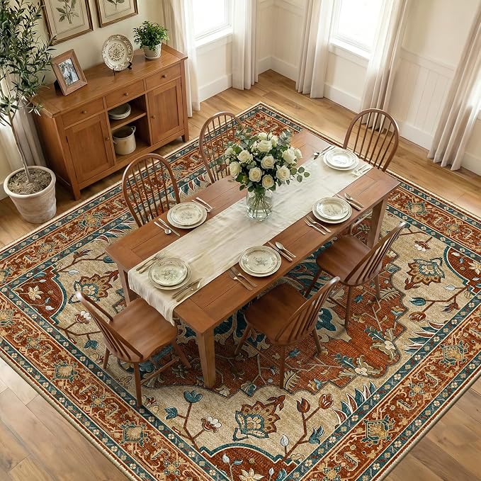 RELEANY Area Rugs Square 10ft Washable Non-Slip, Floral Vintage Distress by RELEANY
