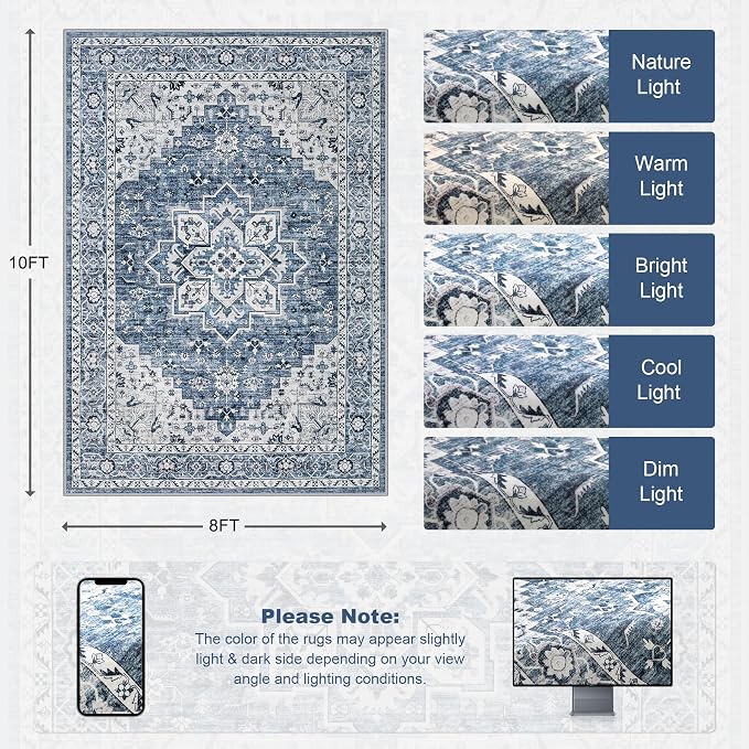 8x10 Area Rugs for Living Room: Washable Rug Soft Vintage Boho Medallion Carpet - Image 2