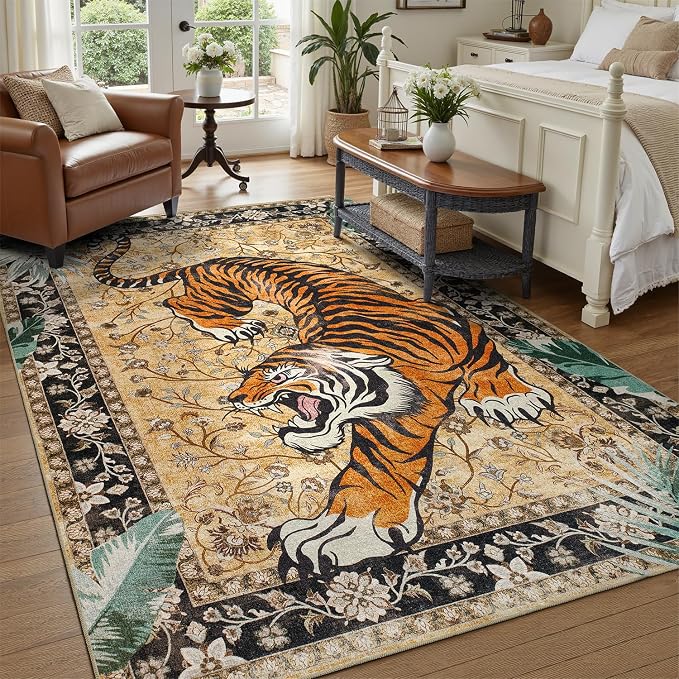 DCX Washable 9x12 Tiger Area Rug, Soft Low Pile Carpet, Kid & Pet Friendly - Image 6