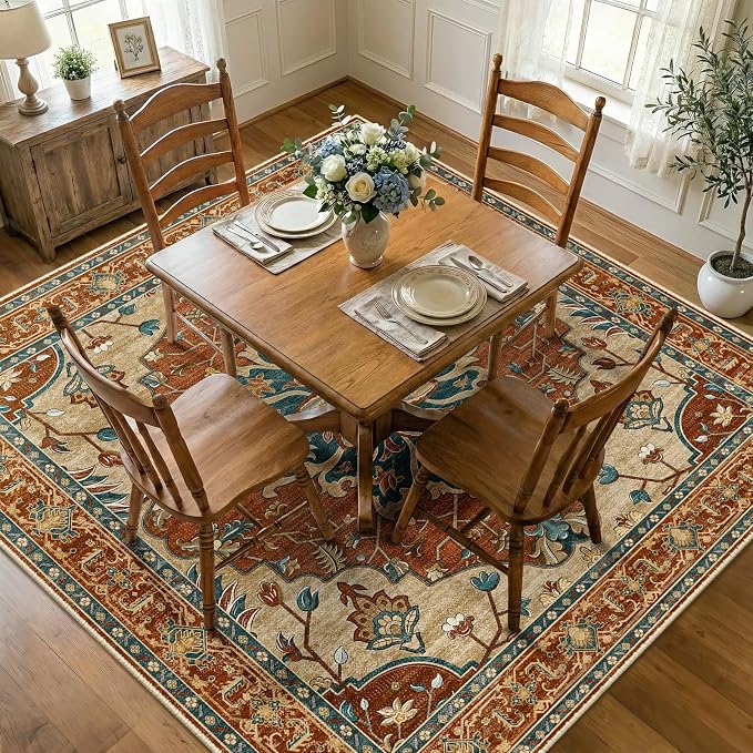 RELEANY Area Rugs Square 8ft Washable Non-Slip, Floral Vintage Distress - Image 2