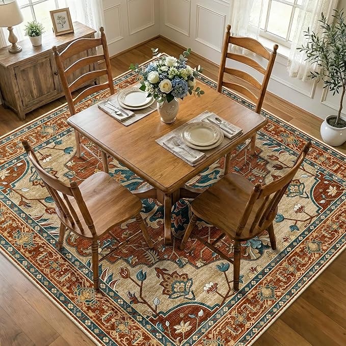 RELEANY Area Rugs Square 7ft Washable Non-Slip, Floral Vintage Distress by RELEANY