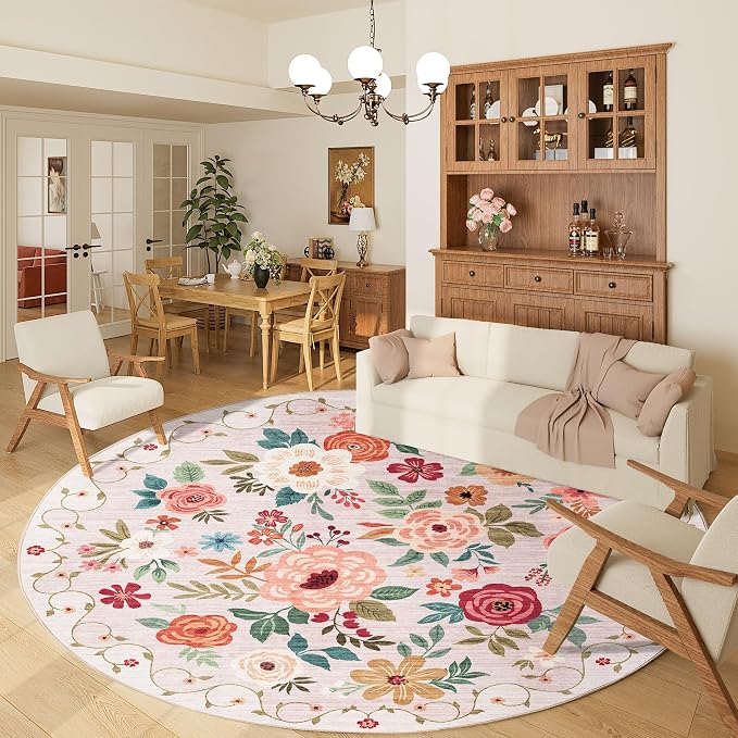 DUKINO Floral Round Rug, 6ft Washable Circle Rug, Non Slip Indoor Low Pile by DUKINO