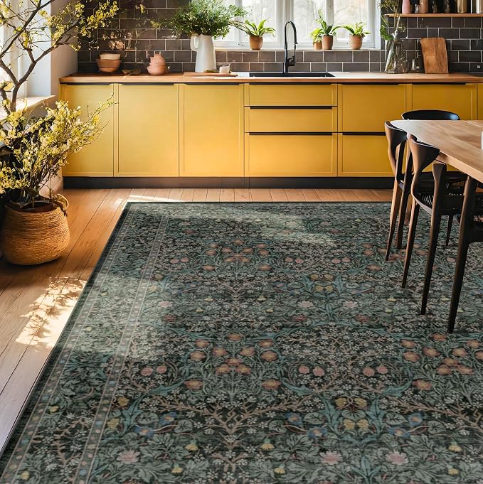 Vintage Dark Green Living Room Rug, 8x10 Washable Area Rugs - Image 3