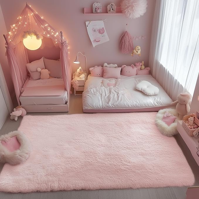 PAGISOFE Pink Fluffy Plush Area Rug 5x8, Kids Shag Rugs - Image 9