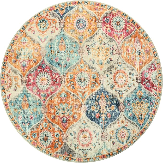 Lahome Round Moroccan Washable Rug, Soft Vintage Small Round Rug 3ft Non-Slip - Image 2