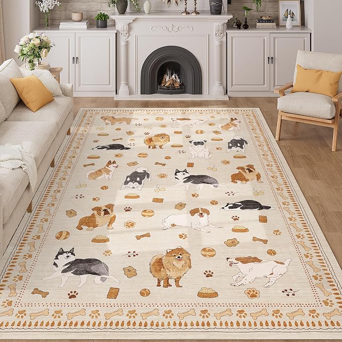 DUKINO 5x7 Rug for Living Room, Lightweight Animal Dog Print Washable Area Rug by DUKINO