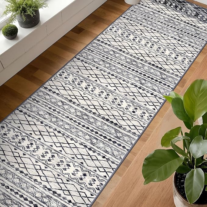 KUTA Boho Runner Rug for Hallway 2.6x16 Moroccan Washable Black Navy Blue Rugs - Image 3