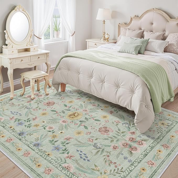 Green Floral Rug for Girls, 5x7 Washable Botanical Bedroom Rug for Nursery - Image 2