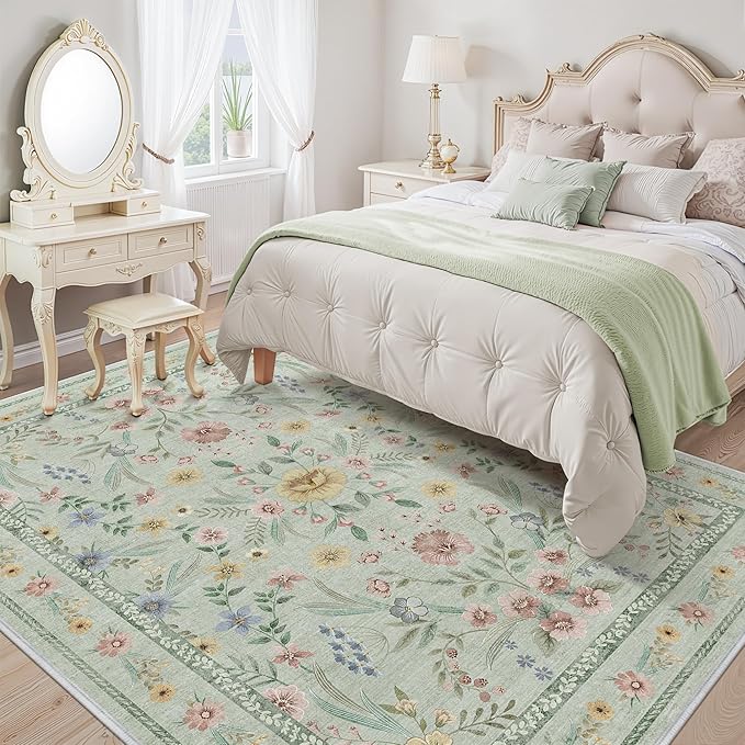 Green Floral Washable Area Rug 8x10 – Large Vintage Boho Non-Slip Carpet - Image 2